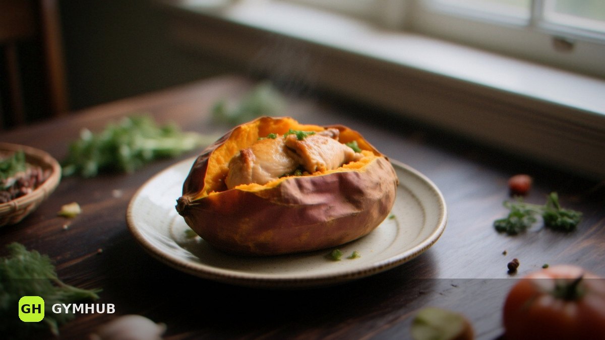 Batata doce recheada com frango: 55 g de proteína por porção