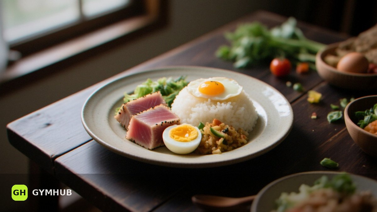 Preparação de farinha de arroz de atum e ovos: uma receita para quatro porções.
