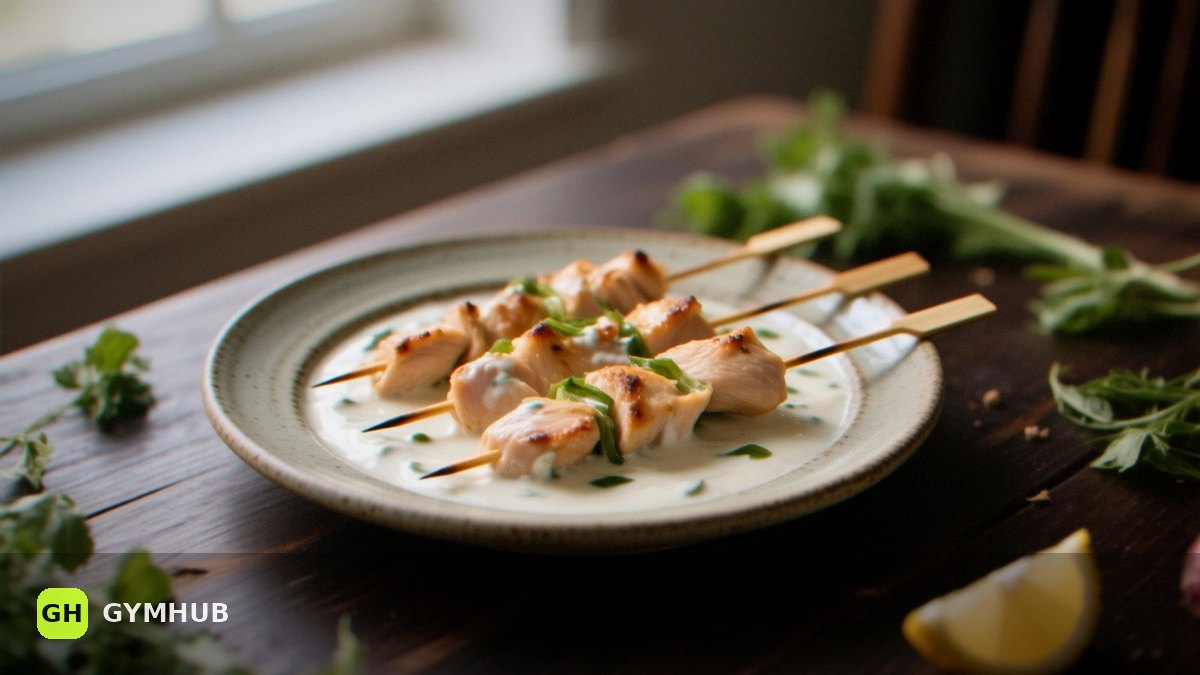 Chicken skewers in yogurt marinade: 53 g protein per serving