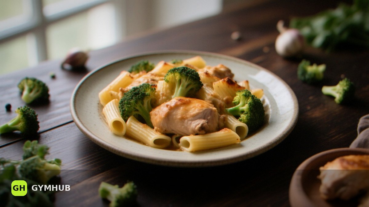 Baked pasta with broccoli and chicken: 53 g protein a serving